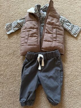 Carter's Brown Puffer Vest with Gray Joggers and Plaid Shirt